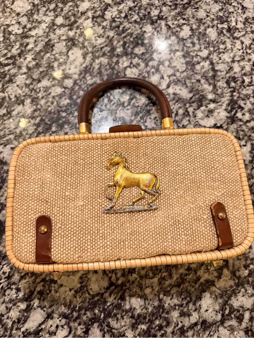 Vintage Western Natural Woven Top-Handle Bag with Gold Horse Accent
